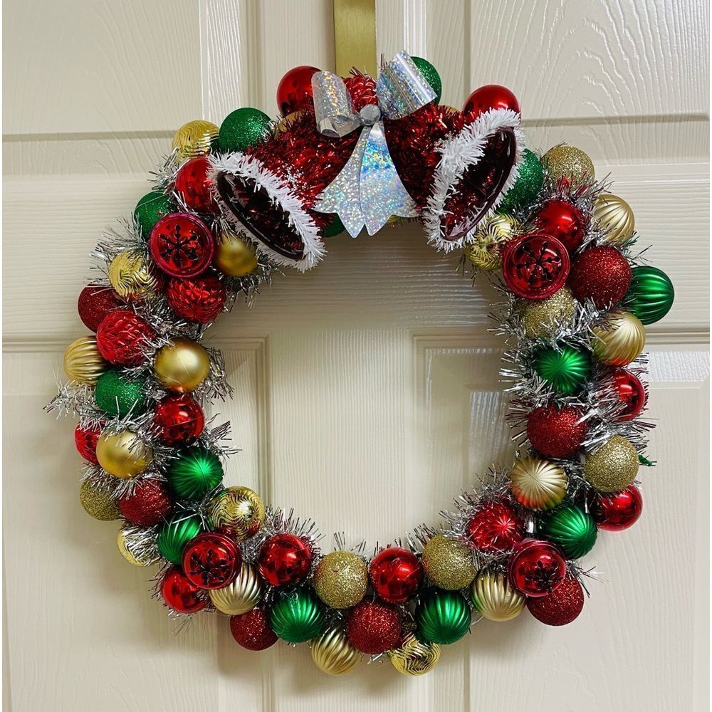 JINGLE BELL ORNAMENT WREATH IN RED GOLD GREEN 16”